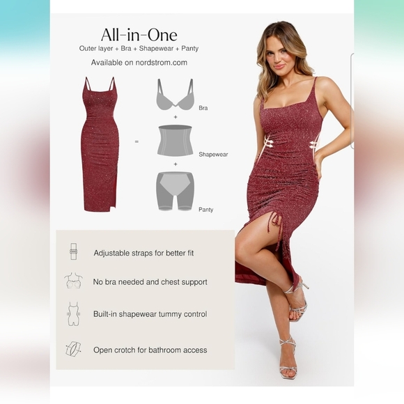 Popilush Red Shapewear Cocktail Shimmer Bodycon Side Slit Midi Dress Size Small - Picture 3 of 12